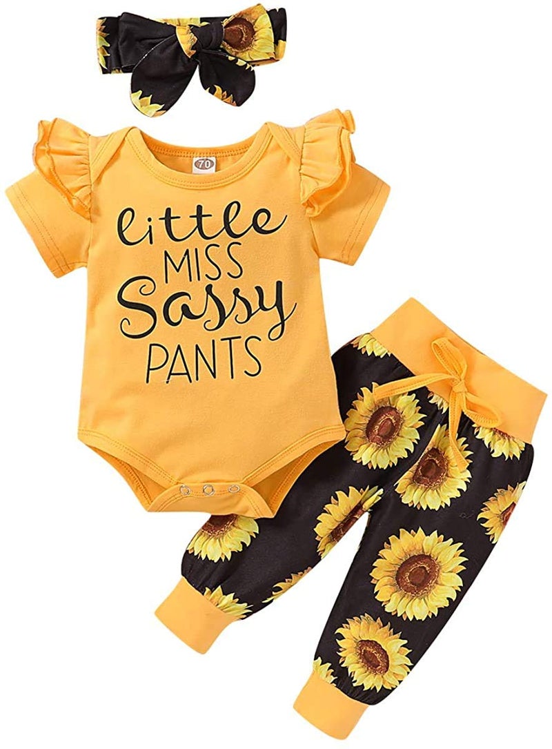 Yvowming Newborn Baby Girl Clothes Infant Baby Ruffle Romper +Pants + Headband 3 PCS Outfits Set Little Sassy-short Sleeve - Image 1